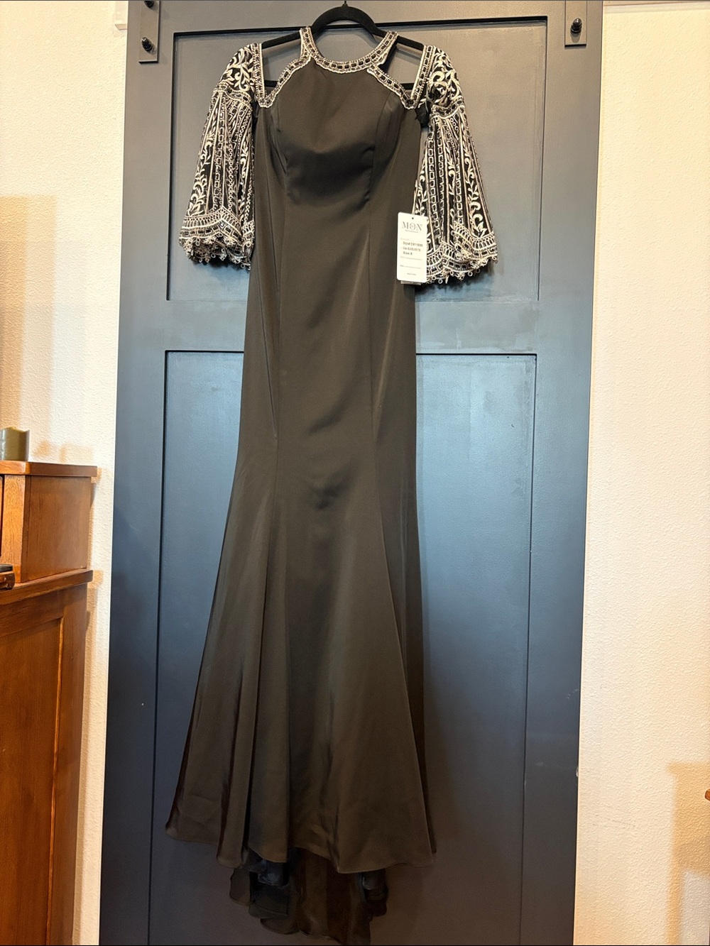 699. Ellie Wilde Black Maxi Gown with Cream Lace Bell Sleeves